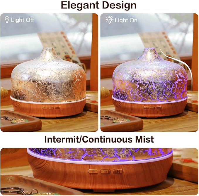 Porseme 500ml Essential Oil Diffuser Silver Plated Glass Aromatherapy Ultrasonic Humidifier - Auto Shut-Off, BPA Free for Home Hotel Yoga SPA Gift