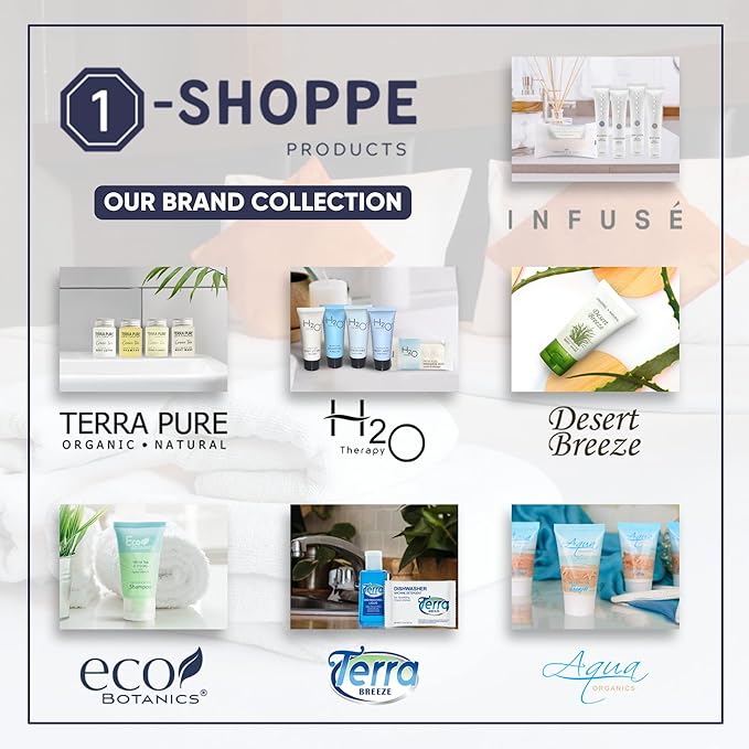Terra Pure White Tea & Coconut Toiletries Set | 1-Shoppe Amenities Kit | 1oz Shampoo & Conditioner, Body Wash, Lotion, 1.25oz Bar Soap | Travel Size | 300 Pieces