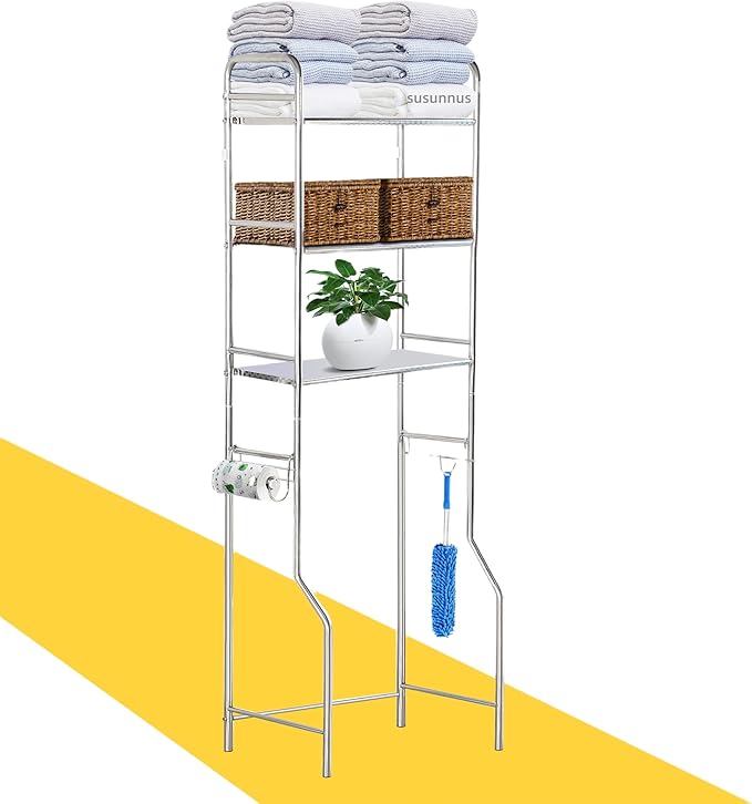 susunnus Over The Toilet Storage 3 Tier M,Bathroom Shelves Over Toilet,Freestanding Space Saver with Toilet Paper Holder,Stainless Steel,Pragmatic,Sturdy,Waterproof,Silver