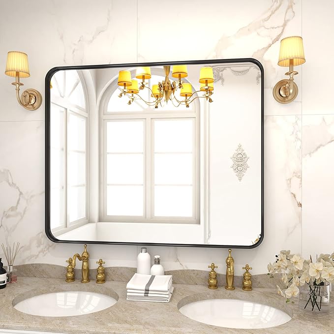 VooBang Bathroom Mirror 30x40 inch, Black Gorgeous Deep Frame Wall Mirror, Modern Round Corner Bathroom Vanity Mirror for Bedroom, Living Room, Hanging or Leaning Horizontal or Vertical, Black