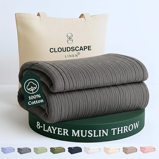 Cloud Scape Linen Extra Large 8 Layer Muslin Throw Blanket - 100% Cotton Gauze, Soft and Breathable, Winter Blanket for Couch, Sofa and Bed, Idea, 50x70, Dark Grey