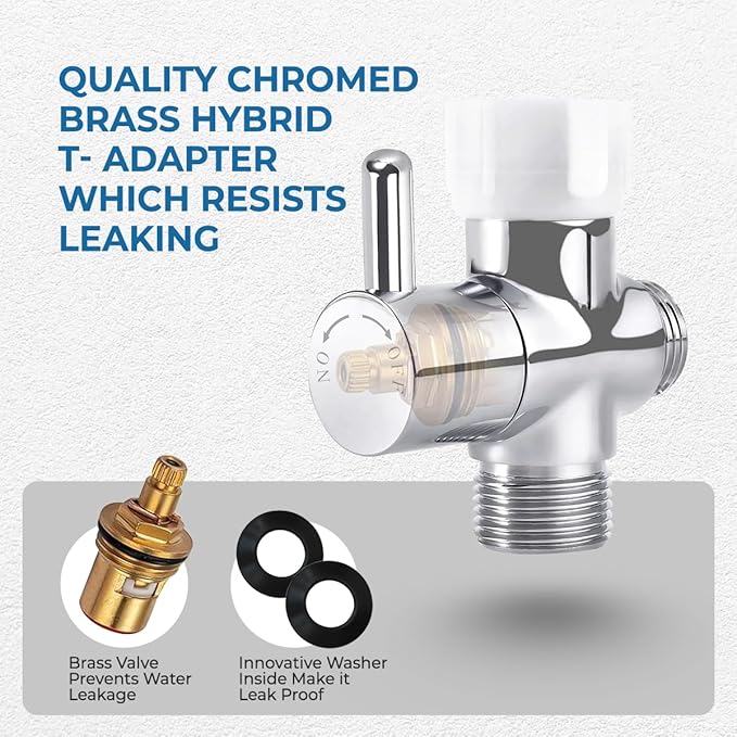 GenieBidet Sparkle Hand Held Bidet Sprayer - Includes Hybrid T Adapter & Stainless Steel Toilet Hose & Precision Knob/w Solid Brass Valve