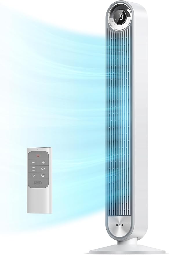 Dreo Tower Fan for Bedroom, Upgrated DC 9 Speeds Ultra-Quiet Floor Fan, 90° Oscillating Fans for Indoors with 28ft/s Velocity, 12H Timer, Standing Fans, Bladeless Fan Powerful for Home Office Room