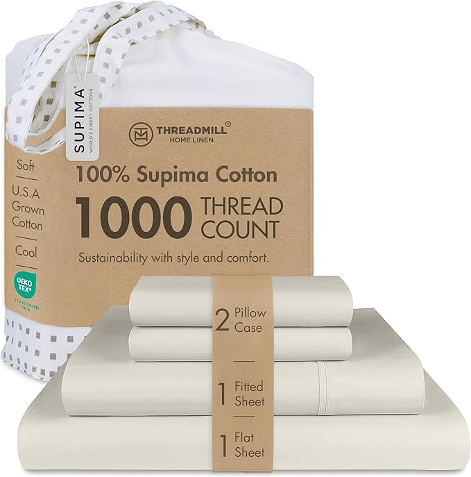 Threadmill Luxury Full Size Sheets for Full Size Mattress, 1000 Thread Count Supima Cotton Sheets for Full Mattress, 5-Star Hotel Quality 4 Piece Bed Sheets with Extra Deep Pocket, Taupe