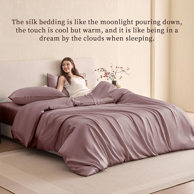 THXSILK 100% Pure Mulberry Silk Duvet Cover Set 3 Piece, 6A+ Grade Luxury Soft Bedding Silk Sheets for Hair and Skin, 1 Pcs Duvet/Quilt/Comforter Cover with 2 Zippered Pillowcases (Purple, Queen)
