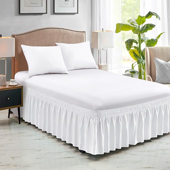 FreshCulture Elastic Wrap Around Bed Skirt - Easy Fit with 22-Inch Tailored Drop, Hotel Quality Dust Ruffle for Full Size Bed (White)