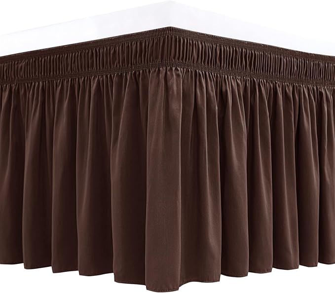 Biscaynebay Wrap Around Bed Skirts for King & Cal King Beds 16" Drop, Brown Adjustable Elastic Dust Ruffles Easy Fit Wrinkle & Fade Resistant Silky Luxurious Fabric Solid Machine Washable