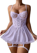 Lilosy Sexy Garter Belt Mesh Lace Babydoll Lingerie Dress Set with Thong