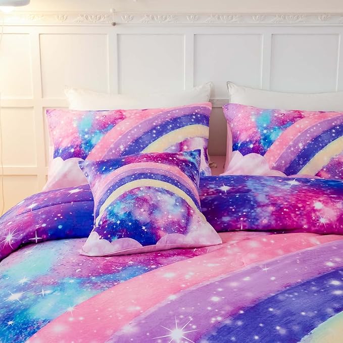 ANGIYUIN 6Pcs Rainbow Queen Size Comforter Set for Girls 3D Pastel Tie Dye Pink Comforter Bedding Set Soft Lightweight Bed in a Bag with Sheet Sets