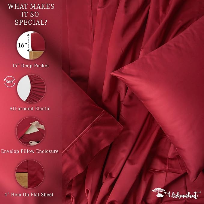 URBANHUT 700 Thread Count Egyptian Cotton King Sheets, 4Pc Sheet Set Soft Luxury Bed Sheets for King Size Bed, Sateen Weave Hotel Sheets, 16'' Elasticized Deep Pocket - Burgundy