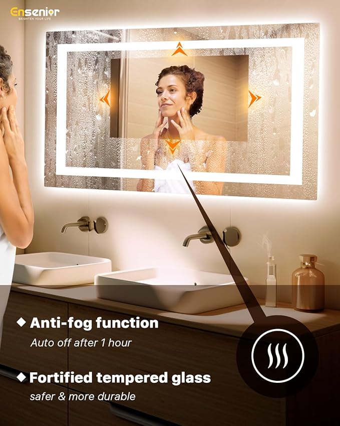 Ensenior LED Bathroom Mirror 55"x 30" with Front and Backlight, Stepless Dimmable Wall Mirrors with Anti-Fog, Shatter-Proof, Memory, 3 Colors, Modern LED Vanity Mirror-ETL & FCC