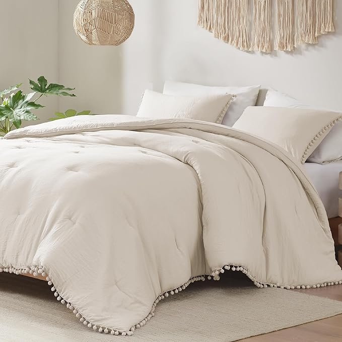Codi Beige King Comforter Set - Boho Chic Bedding with Pom Fringe, Soft Washed Microfiber Taupe 3-Piece Set, 1 Comforter & 2 Pillowcases, Lightweight Luxury, King Size