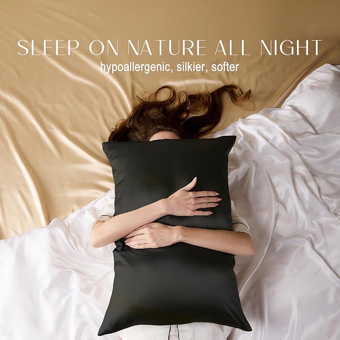 ZIMASILK 100% Pure Mulberry Silk Pillowcase for Hair and Skin Health,Soft and Smooth,Both Sides Premium Grade 6A Silk,600 Thread Count,with Hidden Zipper,1pc(Standard 20''x26'',Black)