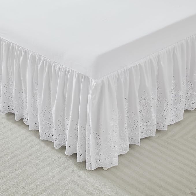 Brandream White Eyelet Bed Skirt King Size 100% Cotton Ruffled Dust Ruffle Bed Skirt 18 Inch Drop with Embroidered Floral Design Queen Size Beds