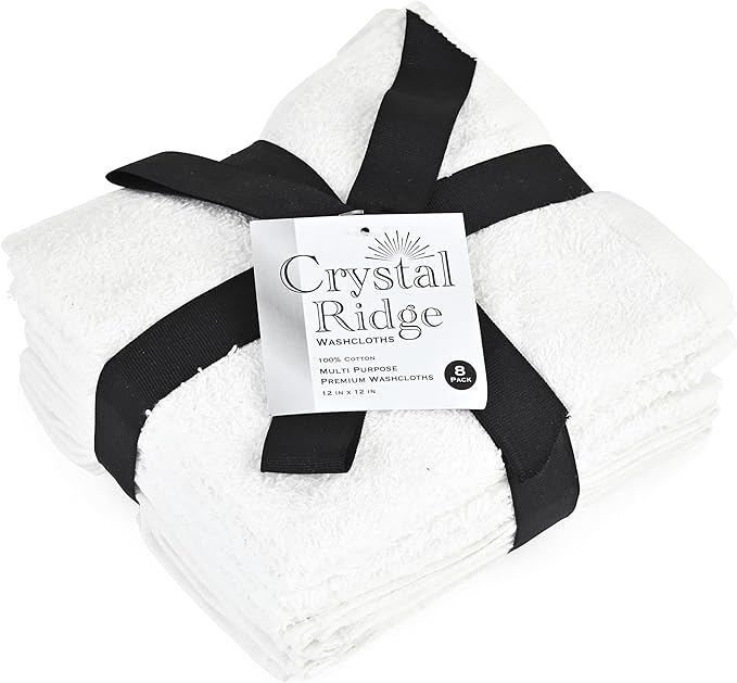 Crystal Ridge 100% Cotton Premium Wash Cloths, 12"x12", 8 Pack, Soft Feel, Absorbent Multipurpose Towels for Bathroom, Kitchen and Gym. Face & Body Washcloths, Bar Towels (8, White)