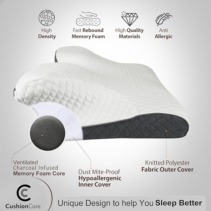 Charcoal Cervical Neck Pillow for Pain Relief Sleeping – Ventilated Memory Foam - Orthopedic Contour Pillow for Side, Back, Stomach Sleeper - Ergonomic Arm, Neck and Shoulder Support Pillows