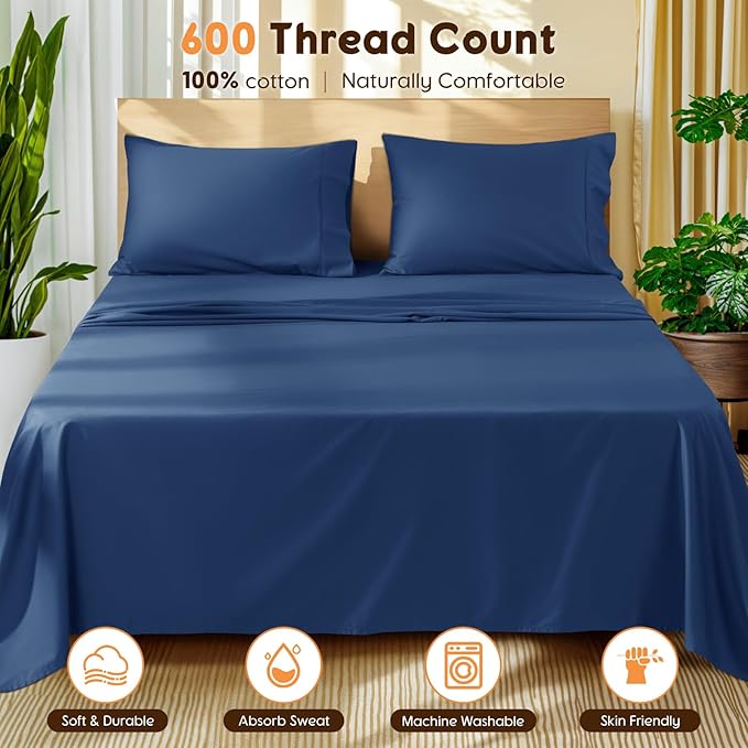 LBRO2M 100% Cotton Sheets Set Queen Size 600 Thread Count 4 Piece Sets Bed Sheet Deep Pocket Up to 16" Soft Comfortable All Season (Queen, Navy Blue)
