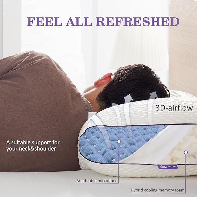 HOMELAB Adjustable Shredded Memory Foam Pillow King Size, Cooling Bed Pillow for Sleeping with Removable Cover, Medium Pillow for Side Stomach & Back Sleepers, 1 Pack 20"x34"