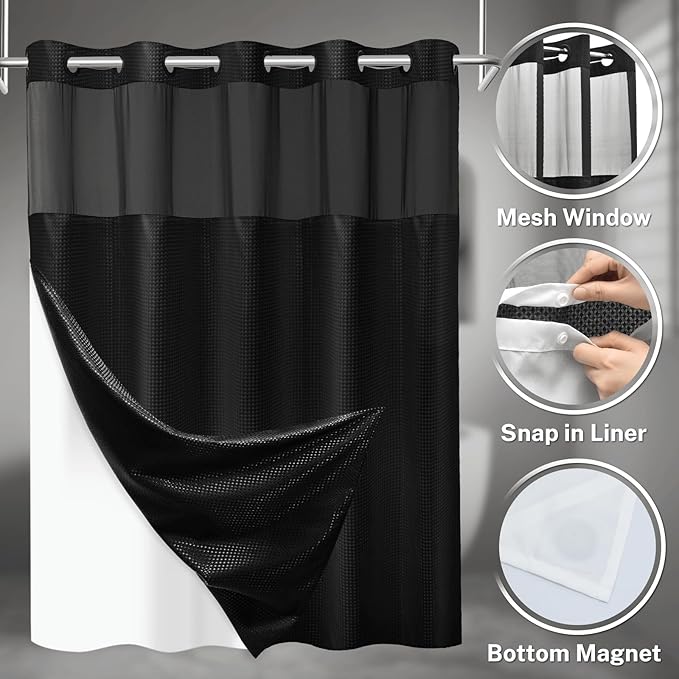 No Hook Shower Curtain with Snap in Liner Set Waffle Shower Curtain for Bathroom Hotel Style Fabric Waterproof Inner Liner，36" W x 74" H, Black