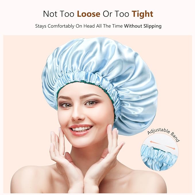 mikimini Satin Bonnet for Sleeping,Pack of 2,Green+Light Blue,Silk Bonnet for Women Long Curly Hair,Reversible Double-Layer Sleeping Hair Bonnet Extra Large Stretchy Sleep Hair Caps