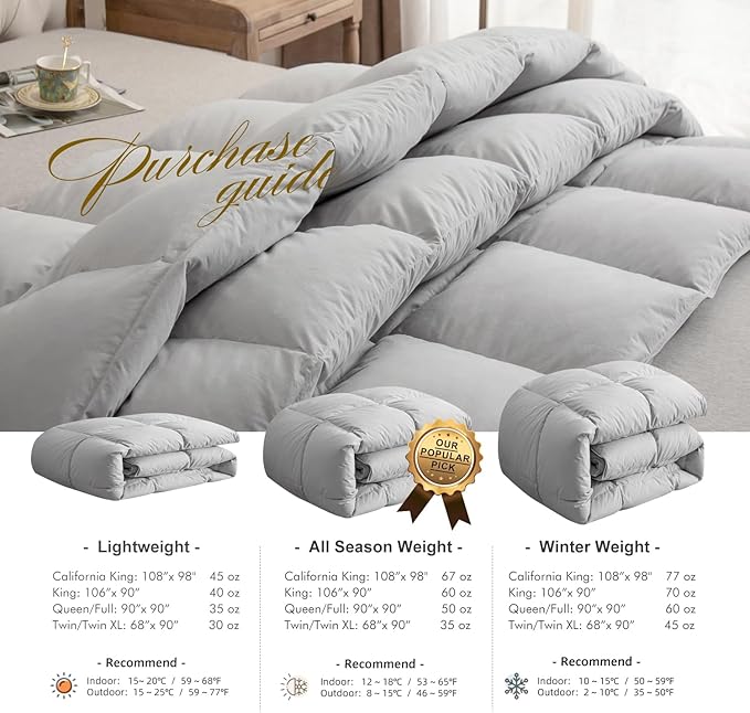 Royoliving Premium Feathers Down Duvet Insert Comforter King Size Gray All Season Medium Warmth Winter Grey 100% Cotton Cover with Corner Tabs (106x90, 60 oz)