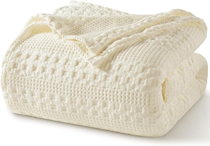PHF 100% Cotton Waffle Weave Blanket Queen Size for Bed, Soft Lightweight & Breathable, All-Season Comfort, Luxury Aesthetic Woven Bedding for Home Decor, 90"x90", Cannoli Cream