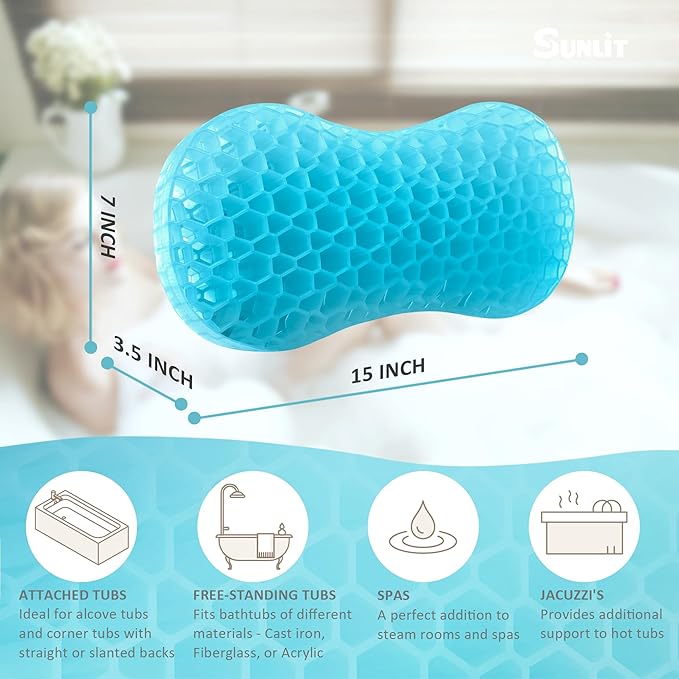 Sunlit Bath Jello Mini Gel Bath Pillows, Lumbar Pillow for Bathtub, Back Support Pillow, Gel Pillow with Non-Slip Suction Cups for Lumbar, Back Rest Support, Fits Curved or Straight Back Tubs, Aqua