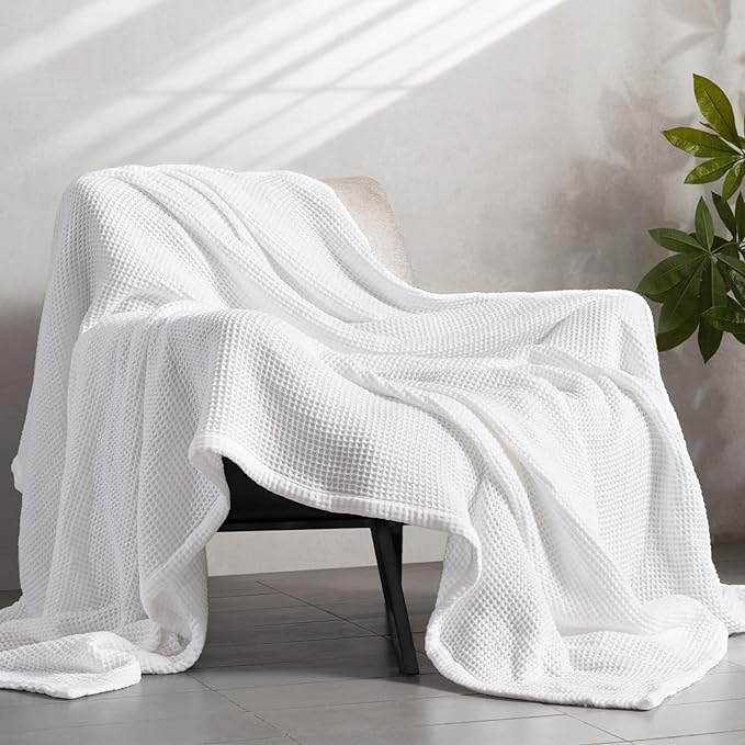 PHF 100% Cotton Waffle & Muslin Throw Blanket Large, Soft Breathable Luxury 400GSM Versatile Reversible Bedding for Couch, Great for Layering in Cold Weather, Home Decor Gift, 50" x 70", White