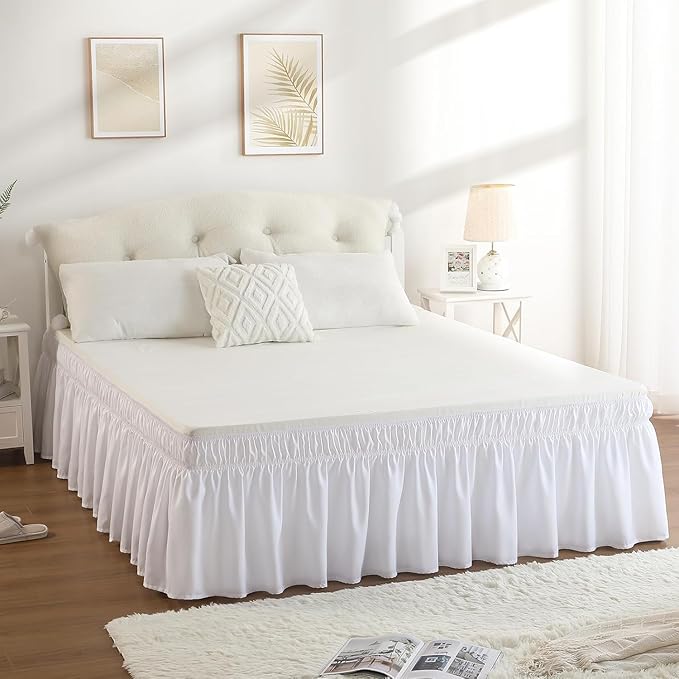 RIMELA Full Size White Bed Skirt 15 Inch Drop, Wrap Around Elastic Bed Skirts Full Size Dust Ruffle, Bedskirt for Adjustable Bed Base Solid Wrinkle and Fade Resistant Silky Fabric Machine Washable