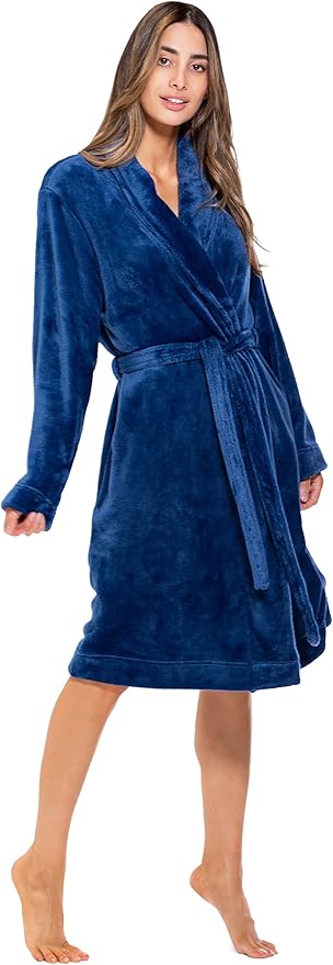 Turquaz Robes For Women, Womens Fleece Shawl Collar Soft Plush Knee Length Spa Robe