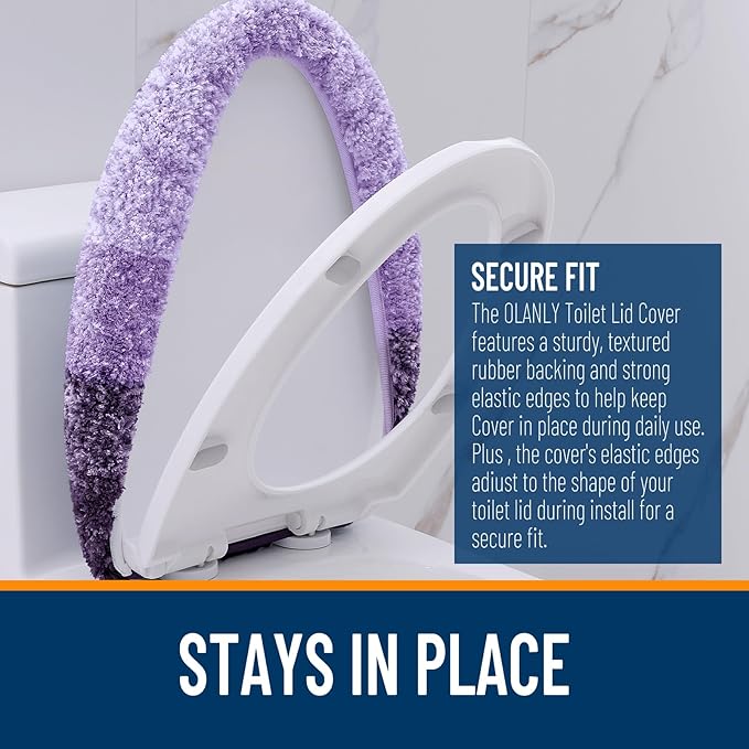 OLANLY Soft Microfiber Bathroom Toilet Lid Cover, Machine Washable Covers, 17.5x15, Stays in Place Rubber Backing, Fits Most Round, Elongated and Oblong Lids, Accessories Decor, Violet