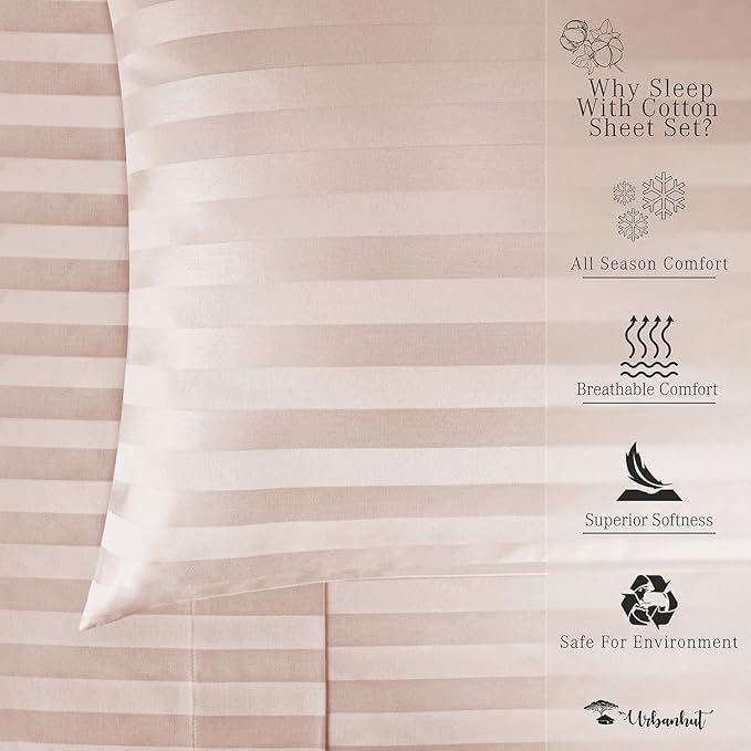 URBANHUT 1000 Thread Count Damask Striped California King Size Egyptian Cotton Sheets, Long Staple Soft & Breathable, 4 Pc Bed Sheet Sets, Luxury Hotel Sateen Sheets Fits 16" Deep Pocket - Blush Pink