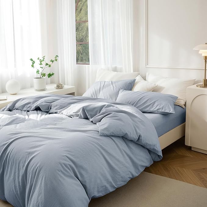 JIYUAN 100% Washed Cotton Duvet Cover Set 3 PCS Oversized King, 1 Duvet Cover 120"x98" (Comforter Not Included) and 2 Pillowcases,Linen Feel Bedding Set Comfy and Breathable, Heathered Light Blue