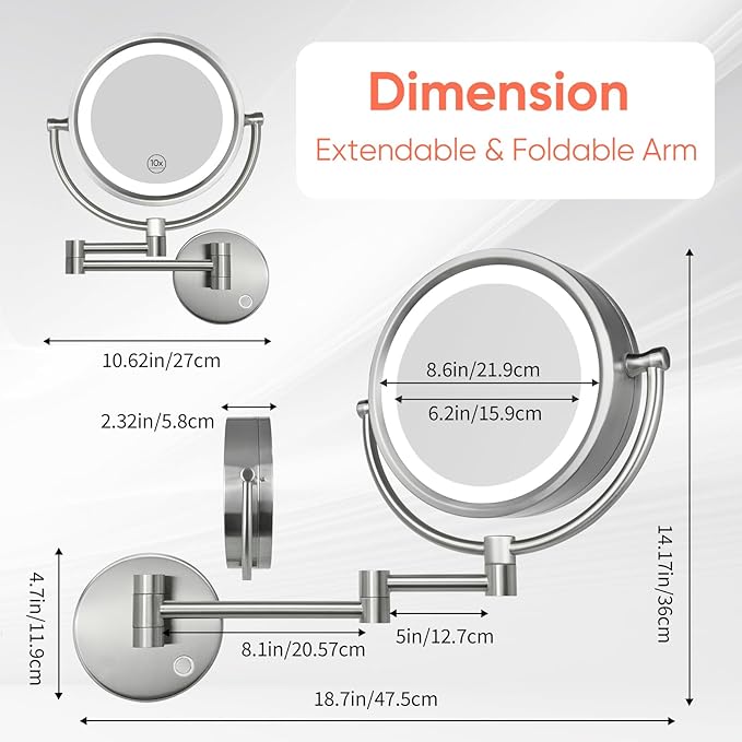 GURUN Wall Mounted Hardwired Makeup Mirror with 3 Dimmable LED Lights 10x Magnifying Mirror for Bathroom Touch Control 13" Extendable Arm Direct Wire Brushed Nickel M1809DN (10x,Nickel)