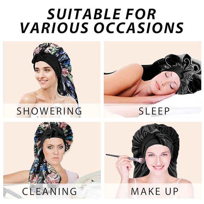 2Pcs Bonnets for Black Women Braid Bonnet, Large Long Satin Bonnet for Braids, Silk Bonnet with Stretchy Tie Band Sleep Cap Hair (2Pcs-Black&Black Pattern)
