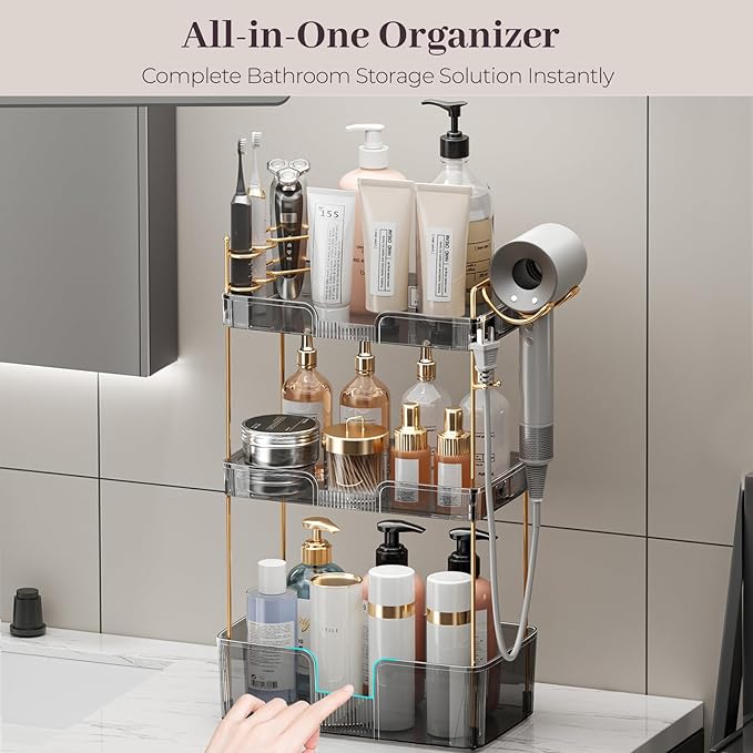 Aveniee Bathroom Counter Organizer,3 Tier Skincare Perfume Countertop Storage with Hair Dryer Rack and Toothbrush Holder, Cosmetic Makeup Tray for Vanity,Grey