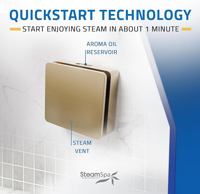 SteamSpa Steam System 15kW Steam Shower Generator with Bluetooth Wifi, Quickstart Continous Steam, Advanced Touch Pad Screen, Chroma Lights, Drain Pan and Auto Drain Gold RVBS1500GD-A