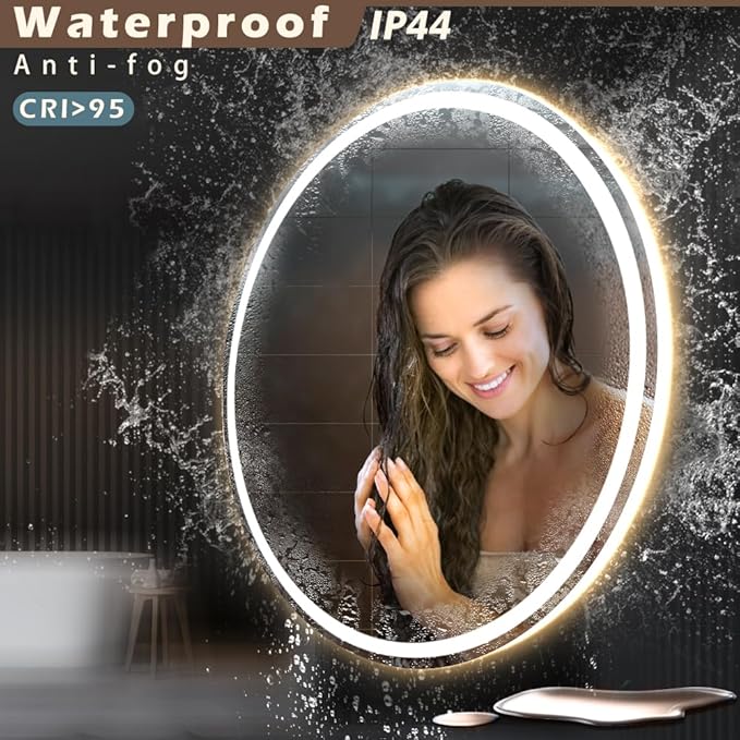KWW 24 Inch Large Modern LED Round Bathroom Vanity Mirror, Color Temperature Adjustable, Anti-Fog Dimmable Lights, Easy to Install, Wall Mounted Makeup Mirror with Smart Touch Button