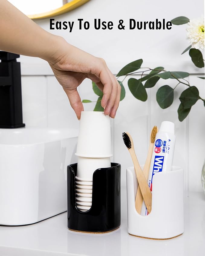 5 oz Square Ceramic Bathroom Cup Dispenser for Kids and Pregnancy - Disposable Paper Cup Holder for Mouthwash Cups on Bathroom Vanity Countertop (2 Pack, Black)