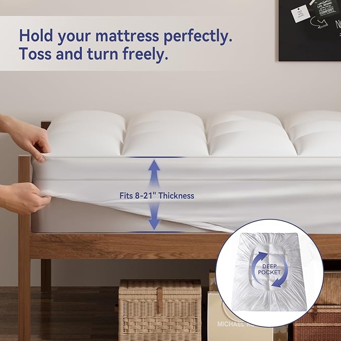 ELEMUSE Twin XL Mattress Topper for College Dorm, Thick Extra Long Twin Mattress Pad Cover for Back Pain, Plush Soft Pillowtop with Elastic Deep Pocket, Overfilled Down Alternative Filling