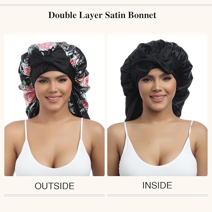 AWAYTR Long Satin Bonnet for Women - Double Layer Elastic Silk Bonnet for Braids Hair Sleeping Cap with Tie Band (Flower B)