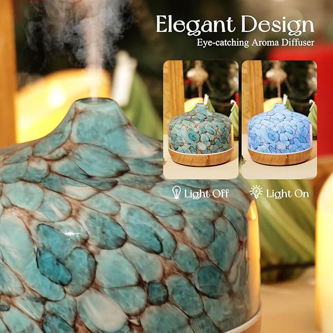 Porseme 500ml Glass Essential Oil Diffuser Aromatherapy Ultrasonic Cool Mist Humidifier 15-21 Running Hours Waterless Auto-Off Air Diffusers for Sleeping Yoga Office Working Spa and Rest (Light Blue)