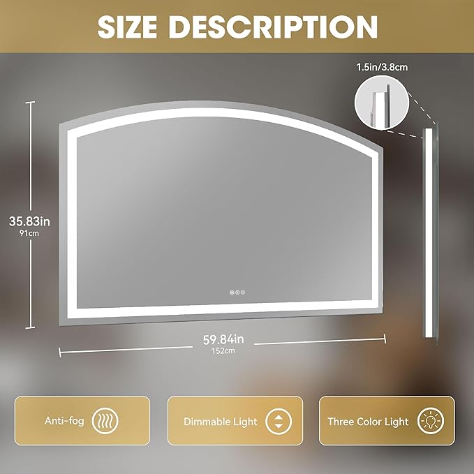 Hasipu 60x36 Inch LED Bathroom Mirror Arch Vanity Mirror with Lights Frontlit Smart Touch Sensor Dimmable 3 Colors Temperature Shatterproof Wall-Mounted Vanity Mirror Metal Frame