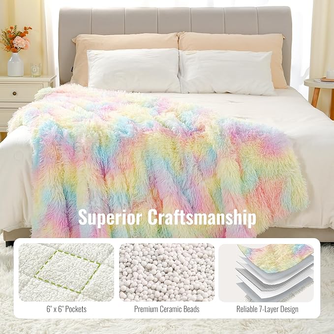 Uttermara Weighted Blanket Queen Size 20 lbs for Adults 60x80 inches, Long Shaggy Faux Fur and Cozy Warm Sherpa Reverse Weighted Blankets for Winter, Thick Heavy Blanket for Sofa Bed, Rainbow