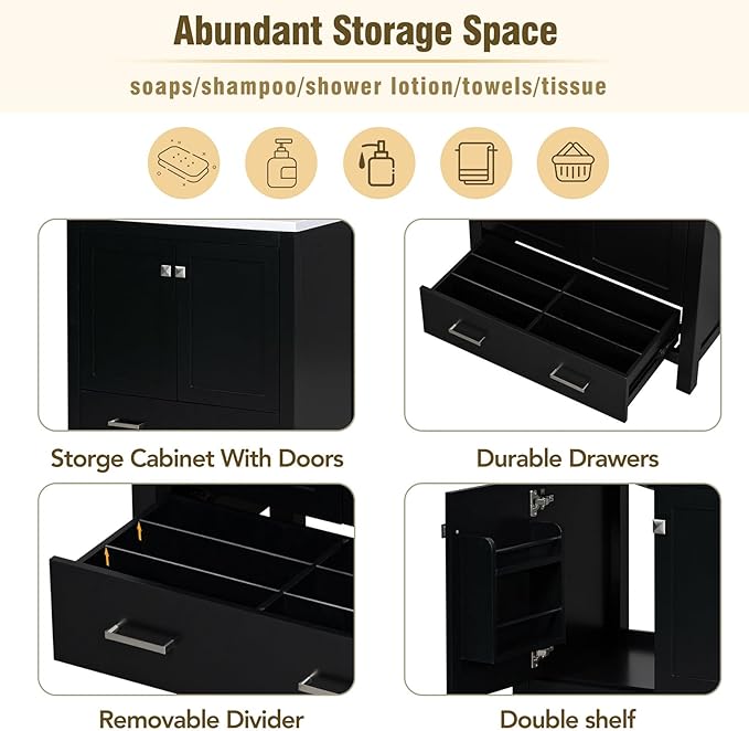 60" Bathroom Vanity Set with Double Vanities, Double Ceramic Sinks, Storage Shelf, Soft Closing Doors, Divided Drawers (Mirror not Included), Large Bathroom Vanity Sink Set (Black)