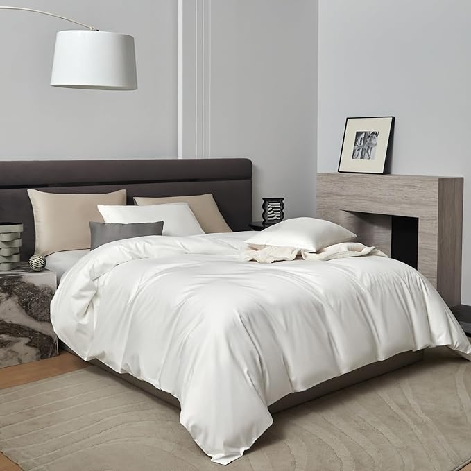 PURE ERA Duvet Cover Set 800 Thread Count Long Staple Cotton Sateen Silky Soft Luxurious Smooth 3 Piece Set Solid White Queen