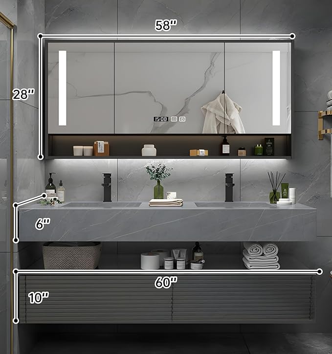 60IN Bathroom Vanity with Double Sink, Modern Bathroom Vanity with LED Smart Defogging Mirror Cabinet and Open Shelf, Floating Bathroom Cabinet with Striped Double Drawers, Oak Material (Grey)