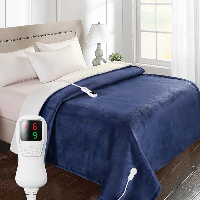 Heated Blanket Electric Blanket Twin Size, Super Soft Cozy Upgraded Flannel Heating Blanket with 9 Heating Levels & 1-9 Hours Auto Off, Fast Heating & Overheat Protection, 62" x 84", Blue