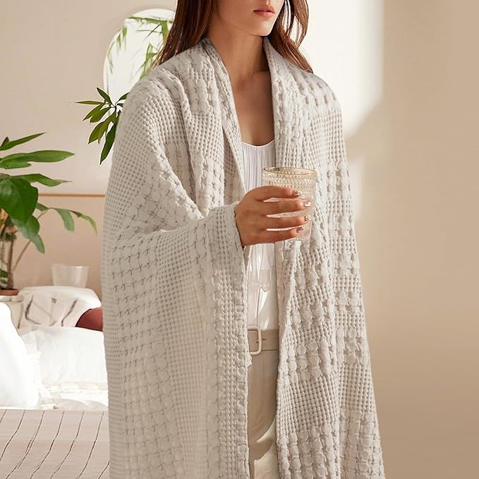 PHF 100% Cotton Waffle Weave Throw Blanket, Soft Lightweight Breathable Cozy Throws for Couch Bed Sofa, Luxury Aesthetic Woven Blanket for Home Decor & Office, 50"x60", Oatmeal