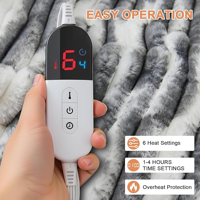 Heated Blanket Throw - 50"x60" Fast Heating Bed Electric Blankets Throw with 6 Heating Levels & 4 Hours Auto Off, Soft Ribbed Faux Fur Sherpa, Over-Heated Protection ETL, Dark Gray